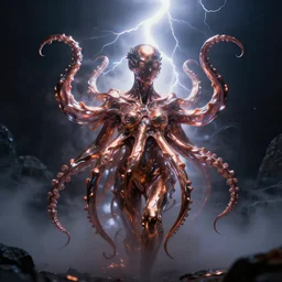 An amorphic being with tentacles of liquid reflective copper and chrome emerges from the dark surreal ether, mist amidst lightning, high contrast lighting, backlit by Michael Whelan and Paul Lehr
