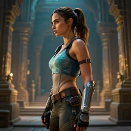 masterpiece side profile concept art portrait, gal gadot in full tomb raider outfit, ruin temple background, realistic, hdr, dynamic lighting, hearthstone, warcraft, highly detailed, luminescent, by ilya kuvshinov, magali villeneuve, jeremy lipkin, michael garmash, rob rey, artgerm, artstation
