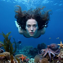 cinematic photograph of a woman floating under the ocean, with detailed face, huge flowing hair by tim walker and wes anderson, in the ocean, deep blue colours, lots of detail, fine facial features, coral reef, sea kelp forrest, sea anemones, starfish, fish, octopus, stingray