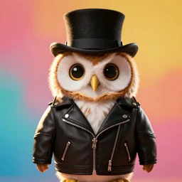 cute owl wearing black biker jacket, portrait photo, backlit, studio photo, background colorful, tophat, golden hour