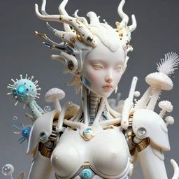 hyper detailed ultra sharp portrait of a beautiful well contoured porcelain ivory smooth fair cyborg warrior delorean model, up close shot, sharp focus, global illumination, radiant light, biomechanical white silver gold rhizomorphs headdress, cyberpunk brackets, laser cut paper microbes, bubble mushrooms, puffballs, alexandre ferra white mecha, irakli nadar, alexander mcqueen, octane highly render, 4 k, ultra hd,