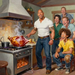 a mixed media portrait painting of dwayne the rock johnson cooking a giant ham at a stove, by frank frazetta, greg rutkowski, beeple, yoko taro, christian macnevin, beeple, wlop and krenz cushart, epic fantasy character art, volumetric indoor lighting, midday, high fantasy, cgsociety, cheerful colours, full length, exquisite detail, post - processing, masterpiece, cinematic