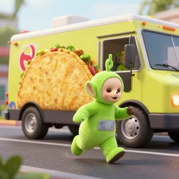 a brutal, taco truck running over cute teletubby zombies, 3 d render, octane render, amped reality, atmospheric lighting, volumetric lighting, slight overcast, sharp focus, deep collies, ultra detailed
