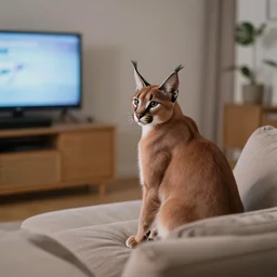 a photo of caracal watching tv on sofa