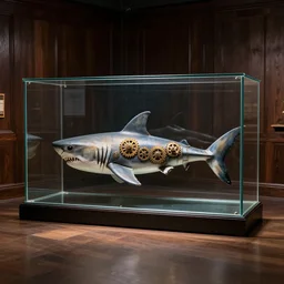 a glass rectangle box, big shark with steam punk gears for a tail is inside, museum display, dark wooden walls, studio lighting
