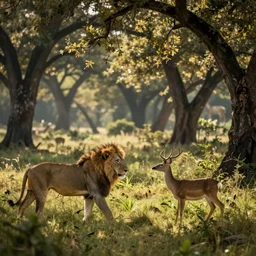 lion following a deer in the jungle