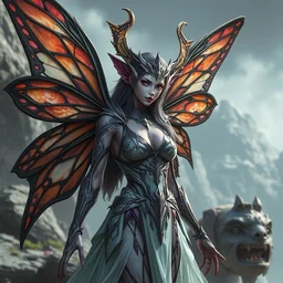 a banshee in a gorgeous costume with butterfly wings and features, character design, detailed rendering, realistic smooth detailed art, complex lines, concept art, scene art, panorama