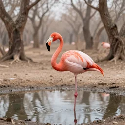 a stunning ultra detailed fantasy fine art illustration of flamingo by a reflective pond in a barren sinuous forest, by gediminas pranckevicius and tomasz alen kopera, foggy, crepuscular rays, artstation, 8 k, deep depth of field, golden hour hues, vibrant colors, golden ratio composition