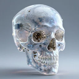 3D render of a biopunk cyborg with translucent skull filled with a fractal of liquid mercury switches, neon eyeballs, titanium skeleton, anatomical, latex flesh and facial muscles, neon wires, microchips, electronics, veins, arteries, glowing, highly detailed, octane render, global lighting by H.R. Giger and Johanna Martine and Jeffrey Smith, background of outer space neon nebulas by Pilar Gogar, 8K HDR