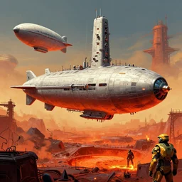 a zaha hadid space-station inspired by a nuclear reactor submarine zeppelin and maschinen krieger, ilm, beeple, star citizen halo, mass effect, starship troopers, elysium, iron smelting pits, high tech industrial, warm saturated colours