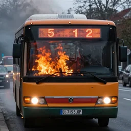 autobus on fire with lcd screen saying 5 1 2 photorealistic. rule of thirds.