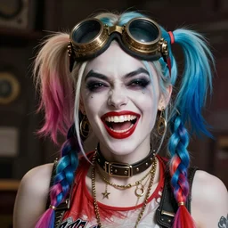 steampunk - harley quinn braids, double long braids blue, no makeup, tane skin, blue hairs, insane crazy laugh, brown steampunk big solid metall welding goggles, portrait shinkai makoto artgerm rossdraws james jean marc simonetti highly detailed intricate matte sharp focus digital painting artstation pixiv