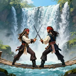 two pirates having an intense sword fight in a rope bridge in front of a large waterfall, digital art, cinematic, vivid colors, elegant, sword duel, beautiful, epic, greg rutkowski, trending on art station