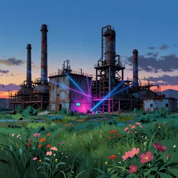a beautiful photorealistic rendering of entrie architecture industrial architecture city nature abandoned by david hockney, hyperrealism neon noir flowers laser sunset at night at dusk studio ghibli meadow anime, archdaily, wallpaper, highly detailed, trending on artstation.