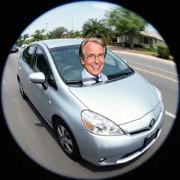 larry david in his 2 0 0 9 prius, fisheye lens, anime style