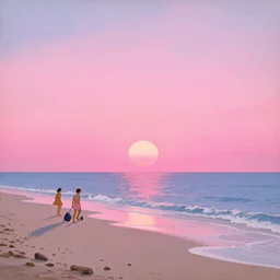 vintage magazine illustration of a dreamy beach scene on a hot summer evening, by carel willink and gregory crewdson, pink sunset, vaporware
