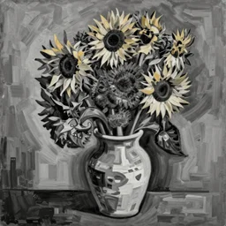 a greyscale abstract painting of a vase with sunflowers by pablo picasso