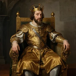A portrait of Mr. bean depicted as a medieval king on a throne, renaissance oil painting