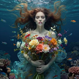 portrait of a beautiful mysterious woman holding a bouquet of flowing flowers, hair flowing upwards, small bubbles from her mouth, hands hidden under the bouquet, submerged underwater filled with colorful small fish and coral reef, fantasy, regal, intricate, by stanley artgerm lau, greg rutkowski, thomas kindkade, alphonse mucha, loish, norman rockwell