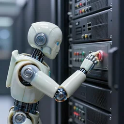 very detailed anthropomorphic porcelain cyborg pushes a button on a sci - fi server rack