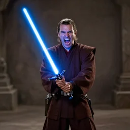 jedi holding a blue light saber, arms wide apart, shouting at the camera