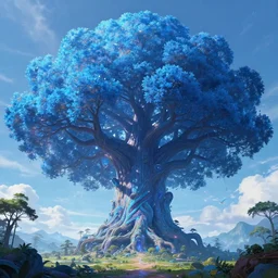 giant azure tree, in the distance, magical, concept art, digital art, colorful, divine, massive scale