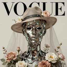 a head made out of metal and glass melting, neutral palette, it is wearing a hat and a veil, there are flowers all around it, vogue cover style, greg rutkowski style