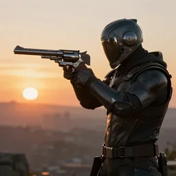 Destiny 2 exo assembling a revolver at sunset, photo realism, 4k, beautiful lighting