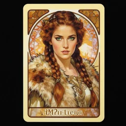 collectible card of beautiful barbarian queen played by madison beer, braided brown hair, green eyes, pelt coats, high fantasy, dnd, smooth, sharp focus, illustration, by rossdraws, alphonse mucha, frank fanzzeta, boris vallejo