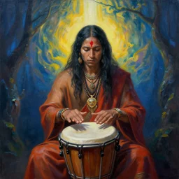 amanita shaman playing frame drume to invoke spirits, northern light, visionary painting masterpiece, realistic, highly detailed, octane render