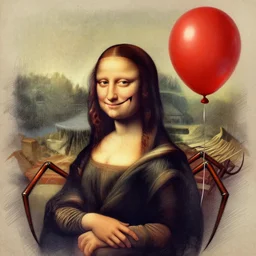 surrealism grunge cartoon portrait sketch of a spider with a wide smile and a red balloon by - michael karcz, loony toons style, mona lisa style, horror theme, detailed, elegant, intricate