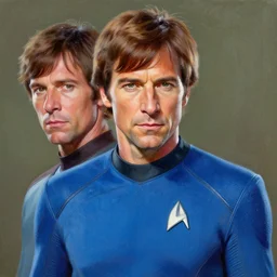 : aesthetic portrait commission of very attractive ZACHARY QUINTO SPOCK + FUTURISTIC + wearing BLUE star trek suit + HYPERDETAILED + 2022 award winning painting + KRITA PAINTER + UPSCALED
