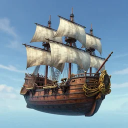 a 4 k fantasy matte painting of pirate ship floating through the blue sky, artstation, cgsociety, unreal engine