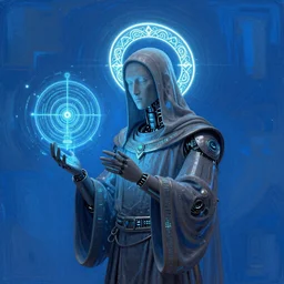 a gray faceless figure, ascended, robot wizard, NPC with a saint\'s halo, saintly halo behind their head made of neon filigree, consulting the cyber oracle of all knowledge, at the end of time, in an esoteric ritual exchange of physical code, 8k, 4k, unreal 5, DAZ, trending on artstation, octane render, abstract painting, bright blue future, rule of thirds