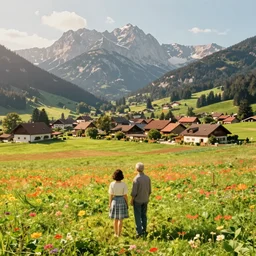 a ultra photorealistic and sharp film still of an a sunny and colourful open field in 1 9 0 0 in the middle of the bavarian alps, germany. a mountain village in the background. wide shot, wes anderson, studio ghibli, pixar and disney animation, octane render, anime key art by greg rutkowski, dramatic lighting, award winning photography
