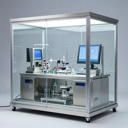a plant incubator made of glass, stainless steel, precision instruments and screens. there is a pine bonsai in it. there are many transparent hoses filled with water and mist in the glass fiber reinforced plastic, a row of yellow lamps above the pine, exposed circuit