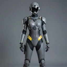 a fullbody portrait of a worker gal : : in a grey latex mechsuit with dark yellow accents, long sleeves, turtleneck, robotic parts, sci - fi masked helmet, breastplate : : cosplay, photgraphy, studio photography, real lighting, realistic, hd : :