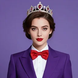 an elegant woman wearing a crown and a red bow tie, purple suit, purple background, very beautiful, artstation, high quality, sharp, by greg rutkowski, by artgerm, by alphonse mucha