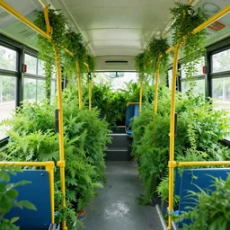 a massive overgrown interior of a a bus, lush bushes, hanging vines, hyper - realistic
