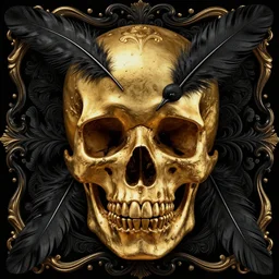 close up symmetrical artwork. golden baroque ornate glossy skull, black feathers of birds. line-drawn feather details. black baroque ornate. black background. detailed feathers. highly detailed. trending on artstation. zdzislaw beksinski. emil melmoth. octane render