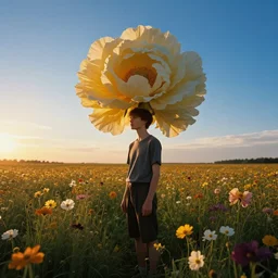 lightskin boy with a head out of giant blossoming flowers, standing in a wide field of flowers, surreal photography, sunrise, blue sky, dramatic light, hyperrealistic photograph, artstation, simon stalenhag