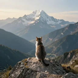 a cat standing on the peak of a mountain range, looking far, digital art, epic lighting, epic composition, 4 k