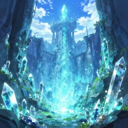 an enchanted anime inspired isekai crystals mineshaft, glowing ore, anime aesthetic, bright blue and cyan sky. by greg rutkowski, in the style of a grand adventure