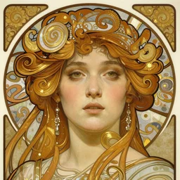 realistic detailed face portrait of Salome by Alphonse Mucha, Greg Hildebrandt, and Mark Brooks, gilded details, spirals, Neo-Gothic, gothic, Art Nouveau, ornate medieval religious icon