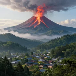 a powerful lava over japanese village high in mountains, calm morning, fanart artstation global illumination rtx hdr fanart arstation 3 d, volcano, concept art by greg rutkowski and laurie greasley, forest, fantastic landscape, 8 k, cinematic color grading