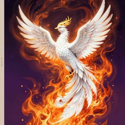 white phoenix on flames orange purple background stylised poster art