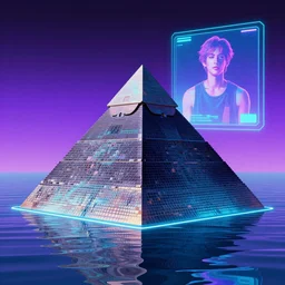 synthwave, retrowave, vaporwave picture of a pyramid in the water, a hologram by mor than, louvre contest winner, computer art
