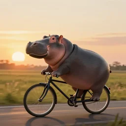 a concept art of a hippopotamus riding a bike in the sunset