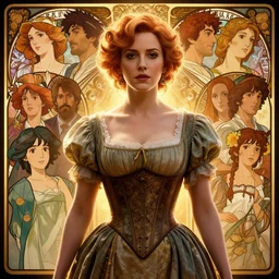 symmetrical!! highly detailed upper body portrait of christina hendricks wearing a dress and corset in the 1 8 5 0 s, unreal engine, redhsift, octane render, by greg rutkowski, loish, rhads, ferdinand knab, makoto shinkai and lois van baarle, ilya kuvshinov, rossdraws, tom bagshaw, alphonse mucha, global illumination, radiant light, detailed and intricate
