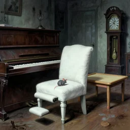 cinematic colorful horror artwork by artgerm, beksinski, lovecraft, stephen king ; empty soft white chair with footrest that startled the mouse. empty bench that was tucked neatly under the piano, empty small play table, old grandfather clock near the doorway ; hainted creepy scary dramatic
